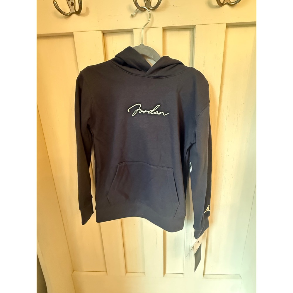 Jordan Boys Black Script Logo Graphic Sleeve Pullover Hoodie Size 6 5-6 Yrs NWT